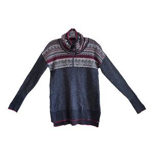 EDDIE BAUER Women's S Sweater Fair Isle Oslo Funnel Neck Gray Red Wool Blend 36"
